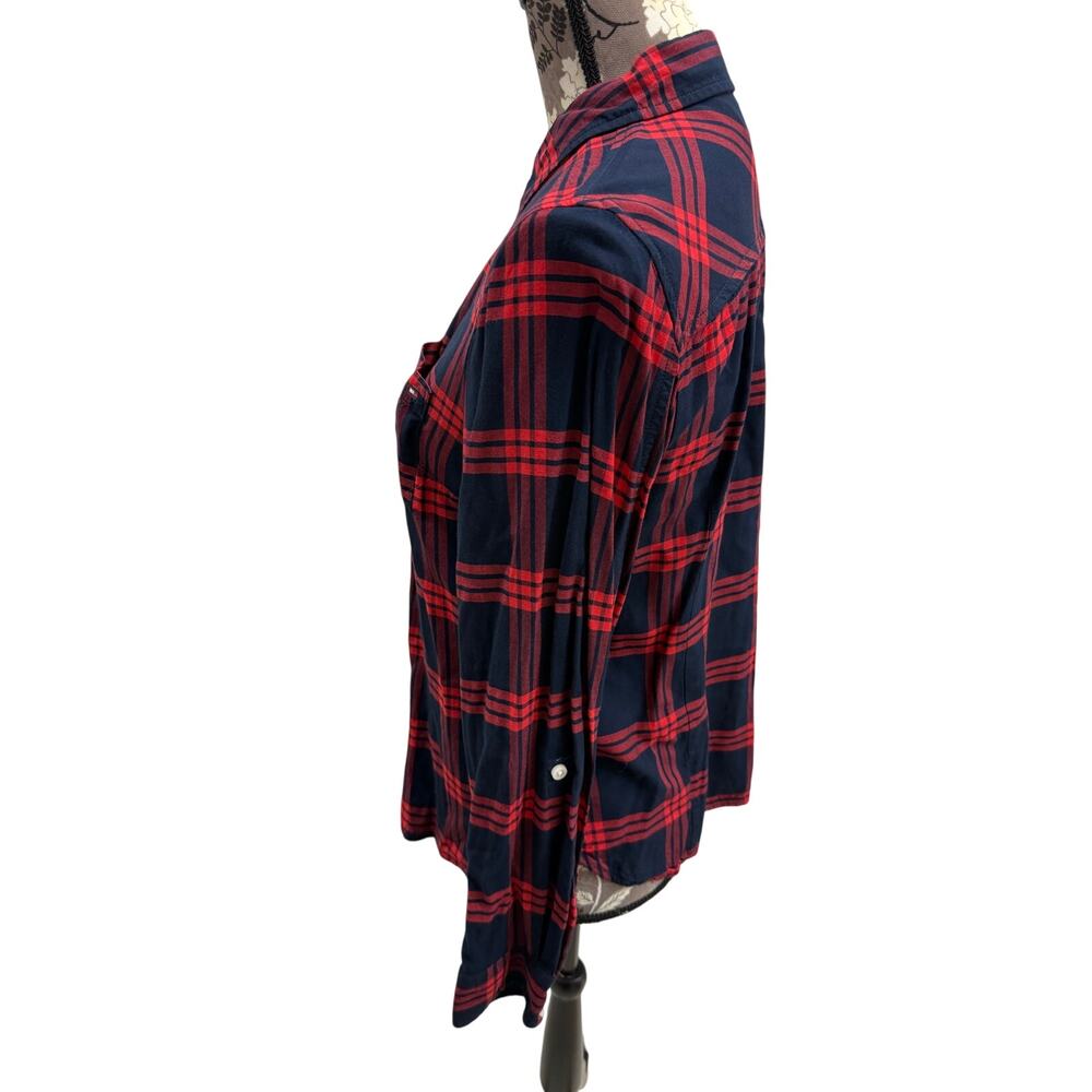 Tommy Hilfiger Womens Shirt Large Red Blue Button Up Plaid Flannel Ladies